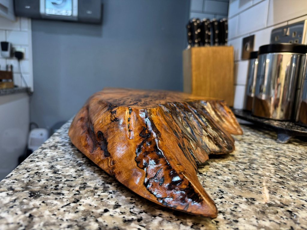 A substantial piece of wood positioned on a countertop, emphasizing its organic shape and rich color